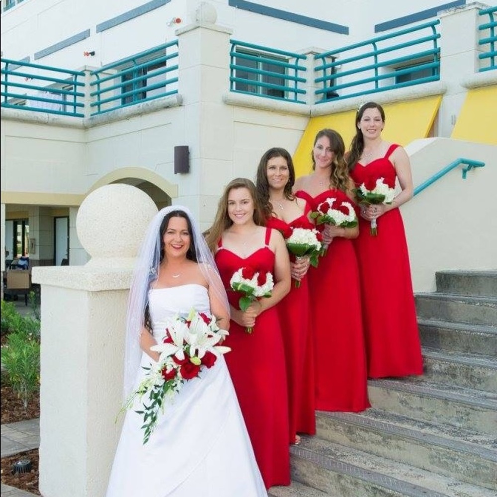 Cherry red full length bridesmaid dress